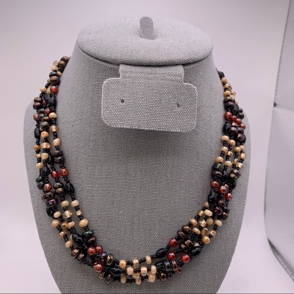 Vintage Neutral Brown, Red, Black Beige Layered Chunky Beaded Short Necklace 16"
